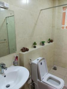 ein Badezimmer mit einem Waschbecken, einem WC und einem Spiegel in der Unterkunft CASBAH HOMES in Nairobi