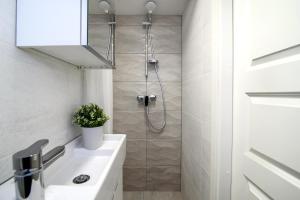W łazience znajduje się prysznic i umywalka. w obiekcie Cozy Loft / Near Gates of Dawn / Free Netflix w Wilnie