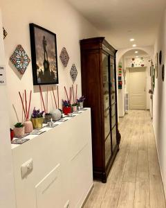 a hallway with a display cabinet and potted plants at Affittacamere Il Chiostrino Guest House in Florence