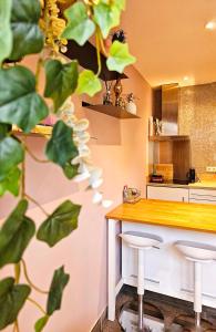 kuchnia z blatem i dwoma stołkami w obiekcie Zandvoort at Home I Free parking & Airco w Zandvoort