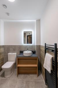 a bathroom with a sink and a toilet and a mirror at Hotel No.9 in Derry Londonderry