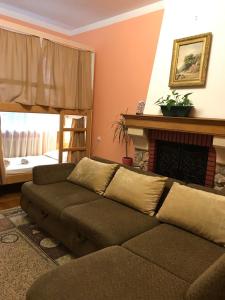 a living room with a couch and a fireplace at Pelican Guest House & Hostel in Chernivtsi