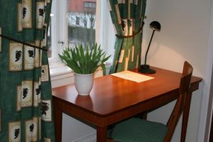 a table with a plant on it next to a window at Stadshotellet Sölvesborg in Sölvesborg