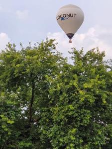 a hot air balloon flying over some trees at La bastille 4 in Saintes +3 photos