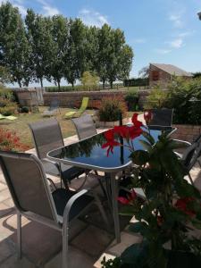 un patio con una mesa, sillas y una flor en Le gîte d' Alice, en La Chapelle-Saint-Martin-en-Plaine