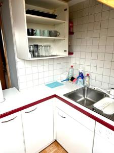 eine Küche mit einer Spüle und einer Arbeitsplatte in der Unterkunft Großes Appartement Umgebung Frankfurt am Main Monteure geeignet in Linsengericht