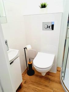 łazienka z toaletą i umywalką w obiekcie Apartament Nova w mieście Racibórz