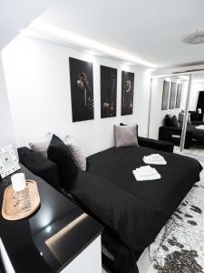 a bedroom with a black bed and a couch at Black&White mountain - ADULTS ONLY in Petroşani