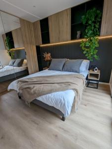 a large bedroom with two beds and a plant at LandZeit - get your tiny moments in Sohren