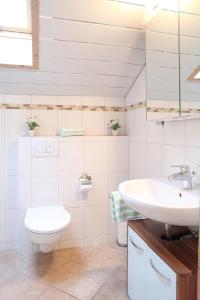 La salle de bains blanche est pourvue de toilettes et d'un lavabo. dans l'établissement Appartement in Farchant, à Farchant