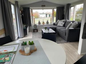 sala de estar con sofá y mesa en Luxe chalet Friesland - 5 pers, en Westergeest