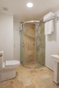 a bathroom with a shower and a toilet at Mavi Cam Hotel Ayvalik in Sefaçamlık