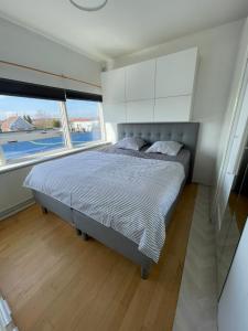 ein Schlafzimmer mit einem Bett und zwei großen Fenstern in der Unterkunft VS-Guesthouse in Kopenhagen