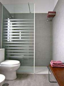 サンタクルス・デ・テネリフェにあるapartamentos yadoのバスルーム(トイレ、ガラス張りのシャワー付)