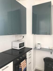 eine Küche mit blauen Schränken und einer Mikrowelle in der Unterkunft Appartement confortable à Saint-Jean-de-Luz 45 m² avec cheminée in Saint-Jean-de-Luz