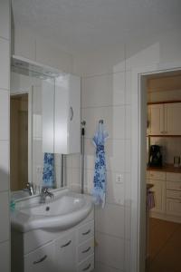 bagno bianco con lavandino e specchio di Haus König Ferienwohnung 1 und 2 a Lichtenhain