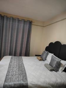 ein Schlafzimmer mit einem großen Bett mit Kissen darauf in der Unterkunft Peridot Suites in Nairobi