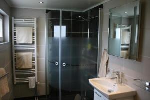 ein Bad mit einer Glasdusche und einem Waschbecken in der Unterkunft Ferienwohnung Småland ausserhalb Älmhult in Diö