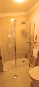 a shower with a glass door in a bathroom at Recanto da Neta in Seia
