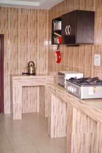 a kitchen with a stove and a counter top at Mena's Home & Apartment in Ughelli