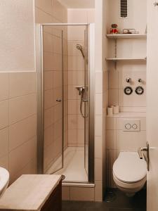 La salle de bains est pourvue d'une douche et de toilettes. dans l'établissement Ferienwohnung Am Leuchtturm, à Schausende