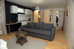 a living room with a couch and a kitchen at Appartement Sympa entre Paris et Disneyland in Noisy-le-Grand