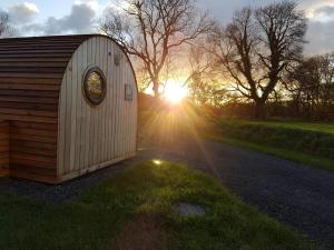 a small building on the side of a road with the sunset at The Heron's Tree in Llandovery