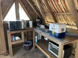 eine Küche mit einer Theke mit einer Spüle und einer Mikrowelle in der Unterkunft Blah Blah House in El Paredón Buena Vista