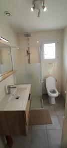 a bathroom with a toilet and a sink and a shower at Maison Sabline 3 - T2 avec terrasse et parking 700m de l'océan - bébé bienvenu in Yves