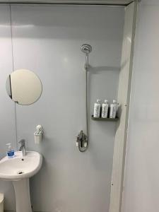 a white bathroom with a sink and a shower at Grace Container homes in Cedar Grove