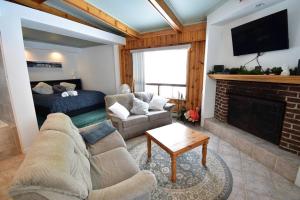 sala de estar con sofá y chimenea en Le Petit Loft du boisé - Nature et ski en Saint-Donat-de-Montcalm