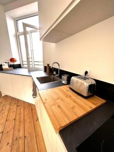 uma cozinha com um lavatório e uma torradeira num balcão em Appartement Lille Centre 4 personnes em Lille