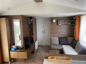 a living room with a couch and a tv at Camping Quiberon Mobilhomes bord de mer Conguel in Quiberon