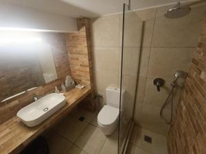 a bathroom with a toilet and a sink and a shower at Mykonian Luxury Villa Victoria with Private Pool in Ftelia