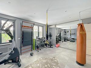 een fitnessruimte met fitnessapparatuur en een grote spiegel bij Luxury Villa Elisabeth in Cannes