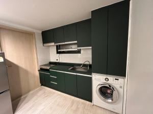 a kitchen with green cabinets and a washing machine at Green house room 101 in Seoul