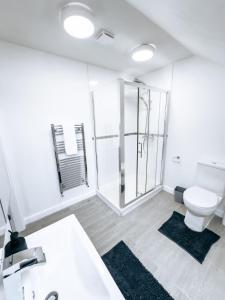 een badkamer met een toilet en een glazen douche bij Seahaven-Boutique & Central 1 bd apt close to beach in Bournemouth