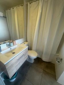 a bathroom with a sink and a toilet and a mirror at Best Apartment Rental Estación Central in Santiago