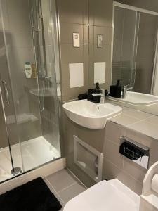 a bathroom with a shower and a sink and a toilet at The Velvet Vista in Croydon
