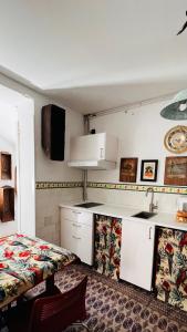 eine Küche mit einem Waschbecken und ein Bett in einem Zimmer in der Unterkunft APT 6 Biembe in Chinchón