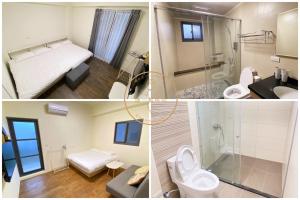 a collage of three pictures of a bathroom at 這一暫民宿 in Dongshan