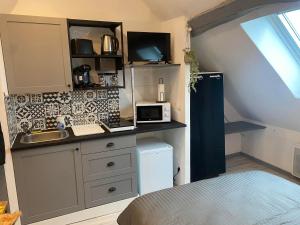 a small kitchen with a sink and a refrigerator at Appart hôtel Toucy 3 in Toucy +4 photos
