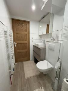 uma casa de banho com um WC, um lavatório e uma porta em Appartement 2 pièces RDC em Rambouillet