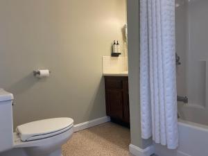 łazienka z toaletą i zasłoną prysznicową w obiekcie The Wildflower Inn w mieście Lyndonville