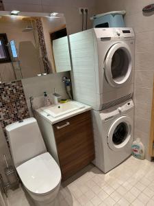 uma casa de banho com uma máquina de lavar roupa e uma máquina de lavar roupa. em Villa Rauhan Helmi em Lappeenranta