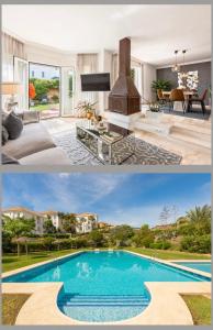 a home with a swimming pool and a house with a fireplace at Cozy Townhouse Selwo in Estepona