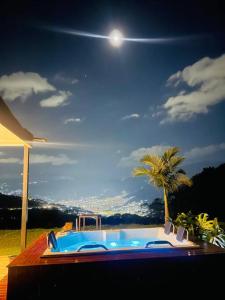 een zwembad met een palmboom en de maan bij Casa Blanca Cabaña de lujo rodeada de naturaleza in Copacabana