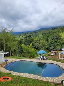 einen Pool mit einem Tisch und einem blauen Sonnenschirm in der Unterkunft Glamping y Cabañas Alpina in Buga