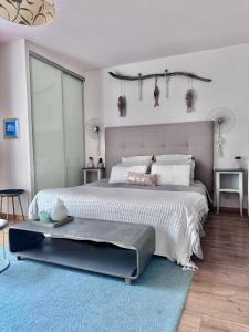 ニッサン・レ・アンサリューヌにあるEntre Mer et Vignesのベッドルーム1室(大型ベッド1台、青いラグ付)