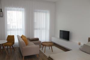 a living room with a couch and a tv at Park Tower apartment v centru Zlína in Zlín